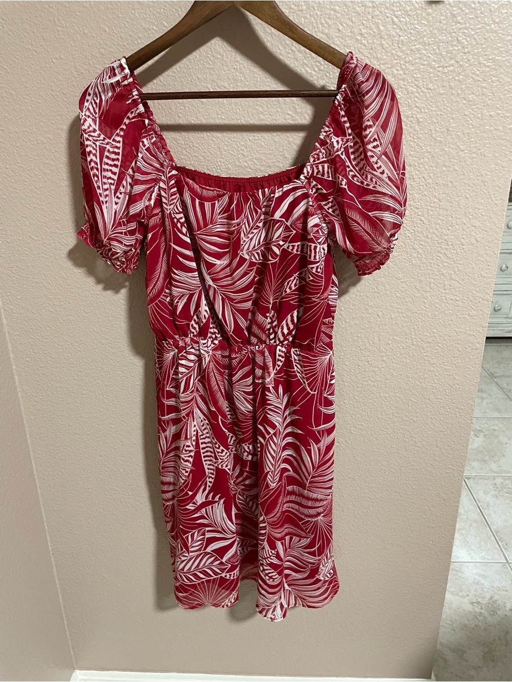 Banana Republic Red & White Tropical Off-Shoulder Dress